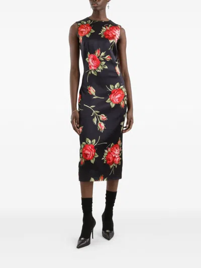 Dolce & Gabbana Women Black Dress With All-over Floral Print In Silk Woman In Multi