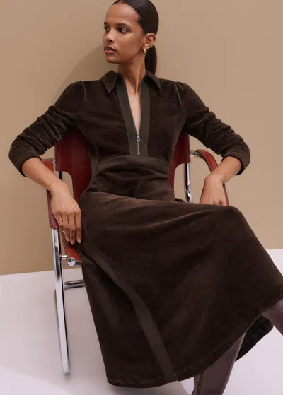 Me+em Ponte Collared Cord Velour Midi Dress Warm Chocolate In Brown