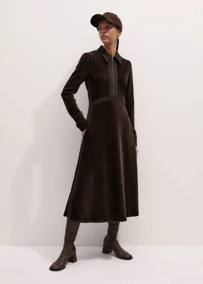 Me+em Ponte Collared Cord Velour Midi Dress Warm Chocolate In Brown