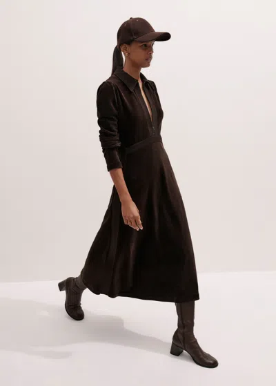 Me+em Ponte Collared Cord Velour Midi Dress Warm Chocolate In Brown