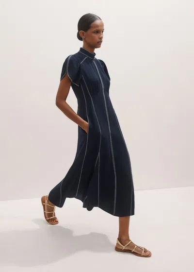 Me+em Contrast Stitch Midi Dress Navy In Blue