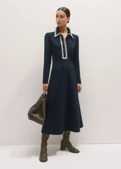 Me+em Crochet Trim Fit And Flare Midi Dress Navy In Blue