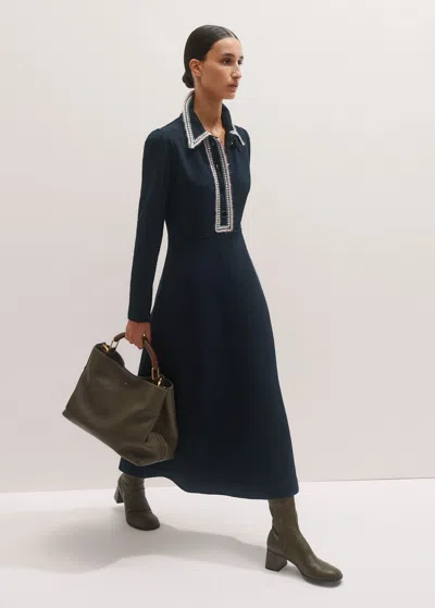 Me+em Crochet Trim Fit And Flare Midi Dress Navy In Blue
