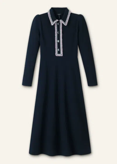 Me+em Crochet Trim Fit And Flare Midi Dress Navy In Blue