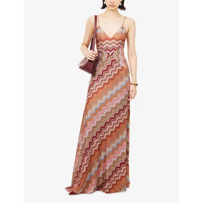 Missoni Multicolor Long Dress With Crossed Shoulder Straps And All-over Zigzag Motif In Viscose Woman In Brown