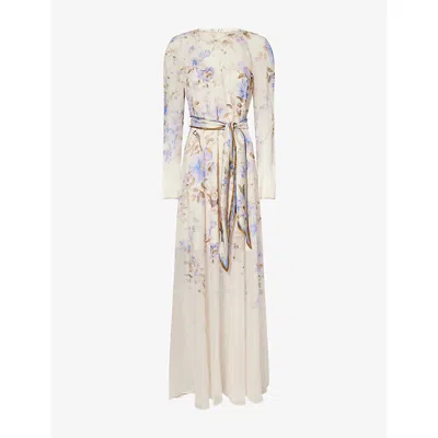 Zimmermann Luna Belted Printed Silk Satin-trimmed Chiffon Maxi Dress In Multi