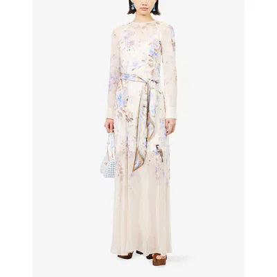 Zimmermann Luna Belted Printed Silk Satin-trimmed Chiffon Maxi Dress In Multi