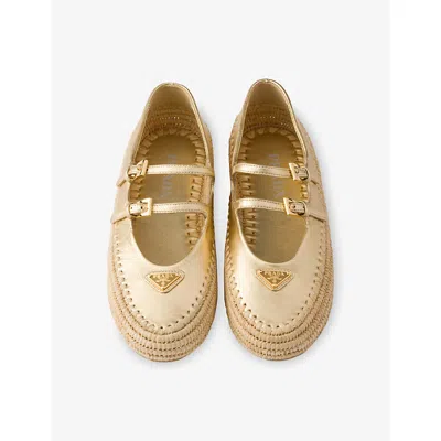 Prada Gold Raffia And Leather Espadrilles In Silver