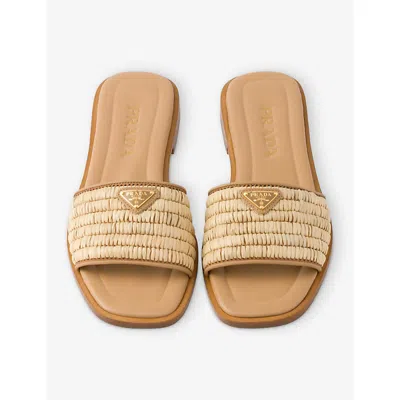Prada Beige Raffia And Leather Slippers In Neutral