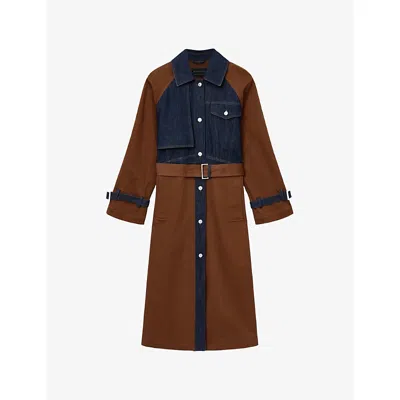 Allsaints Womens Cognac Brown Dayly Denim-panel Relaxed-fit Stretch Organic-cotton Trench