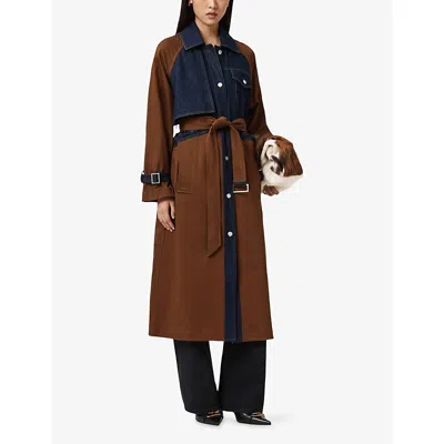 Allsaints Womens Cognac Brown Dayly Denim-panel Relaxed-fit Stretch Organic-cotton Trench