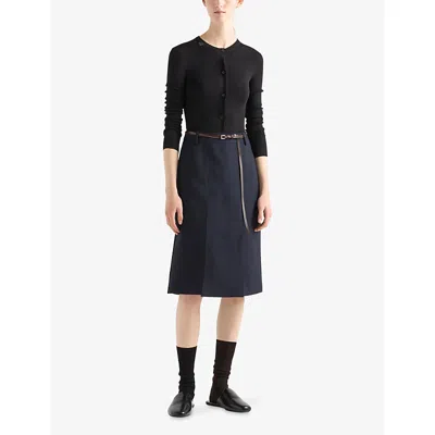 Prada Womens Black Round-neck Ribbed Wool Cardigan In Black
