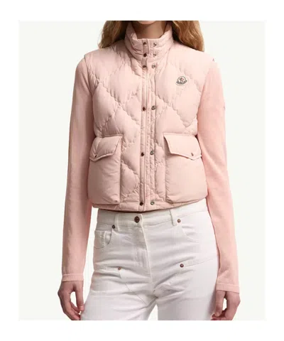 Moncler Biois High Collar Quilted Vest Pockets In Pink