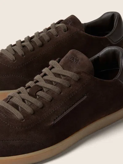 Zegna Suede Low Profile Sneakers Rubber Sole In Brown