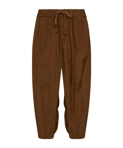 Uma Wang Crinkled Viscose Satin Drawstring Pants In Brown