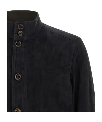 Moorer Blue Solid Mandarin Collar Jacket In Blue