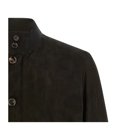 Moorer Brown Solid Mandarin Collar Jacket In Black