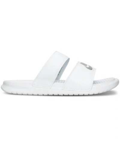 Shop Nike Women's Benassi Duo Ultra Slide Sandals From Finish Line In White/metallic Silver