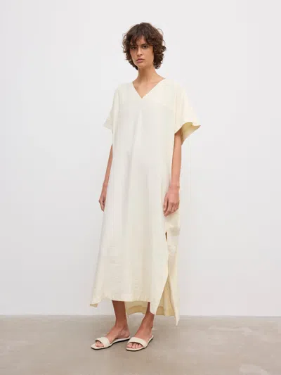 House Of Dagmar Rouched V-neck Dress |  | Off White | Size 40 | 89% Modal 11% Polyester