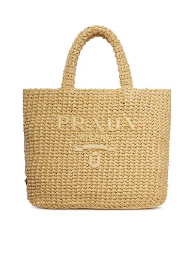 Prada Raffia Shoulder Bag Featuring Woven Texture In Nude
