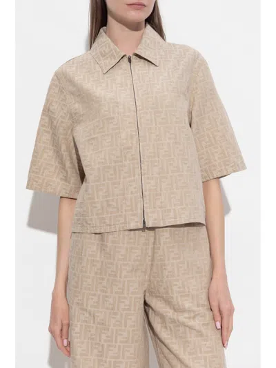 Fendi Women Beige Shirt With Classic Collar And Front Zip Closure In Chambray Ff Woman In Neutral