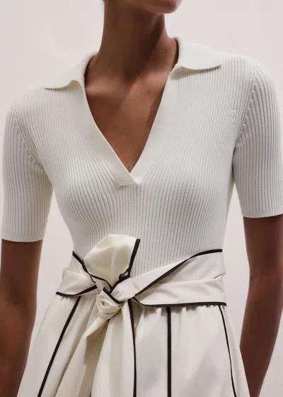 Me+em Mixed Media Fit And Flare Midi Dress + Belt Light Cream-brown In White