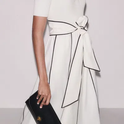 Me+em Mixed Media Fit And Flare Midi Dress + Belt Light Cream-brown In White