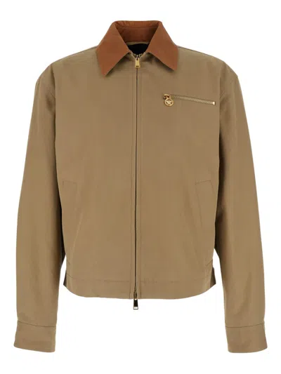 Versace Beige Jacket With Leather Collar And Metallic Medusa Head Detail In Cotton Canvas Man In Brown