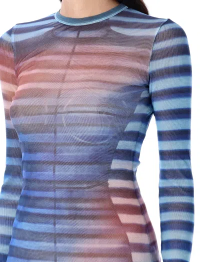 Jean Paul Gaultier Long Mesh Dress With Air Print And Crew Neck In Blue