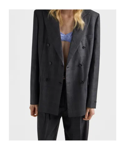 Prada Double-breasted Checked Wool Jacket In Gray