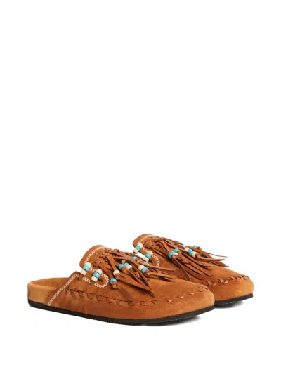 Alanui Journey Beaded Braided Flat Open Toe Slides In Brown