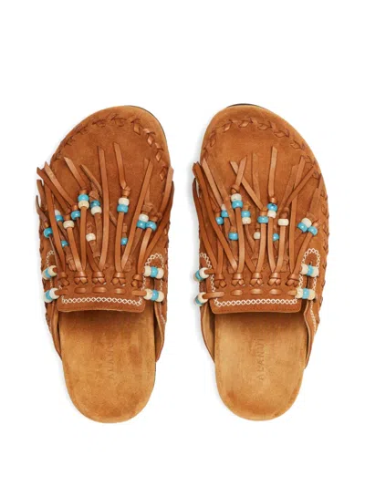 Alanui Journey Beaded Braided Flat Open Toe Slides In Brown