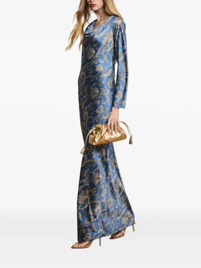 Veronica Beard Ember Long Sleeve Paisley Silk Blend Maxi Dress In Blue