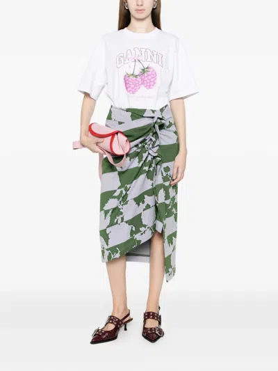 Ganni Cotton Crew Neck Graphic Print T-shirt In White