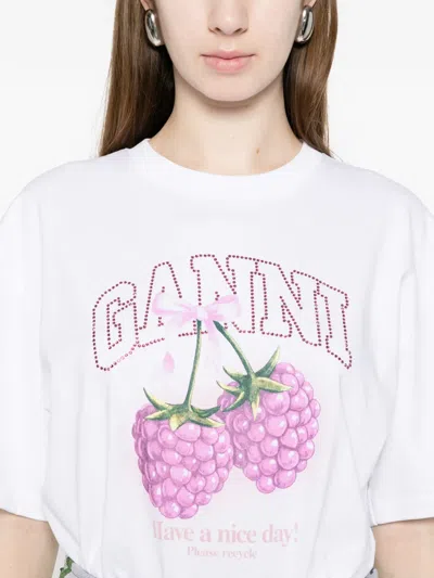 Ganni Cotton Crew Neck Graphic Print T-shirt In White