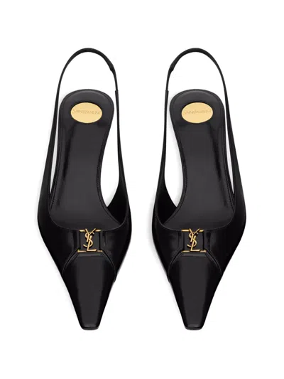 Saint Laurent 75mm Babylone Leather Ysl Slingback Pumps In Black