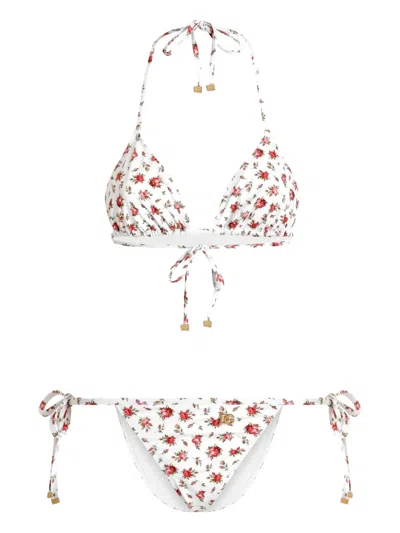 Dolce & Gabbana Small Rose-print Triangle Bikini In White