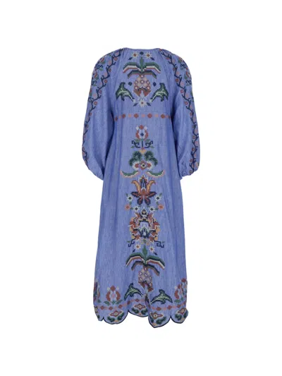 Farm Rio Blue Crew Neck Dress With Knot Closure And All-over Embroidery In Fabric Woman