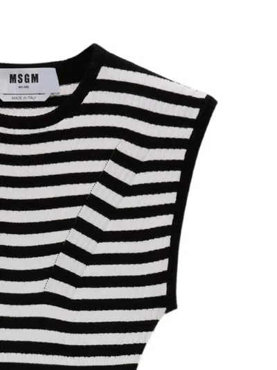 Msgm Striped Ruffled Top In Black