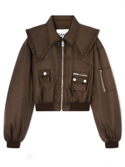 Ganni Duchesse Nylon Bomber Jacket In Brown
