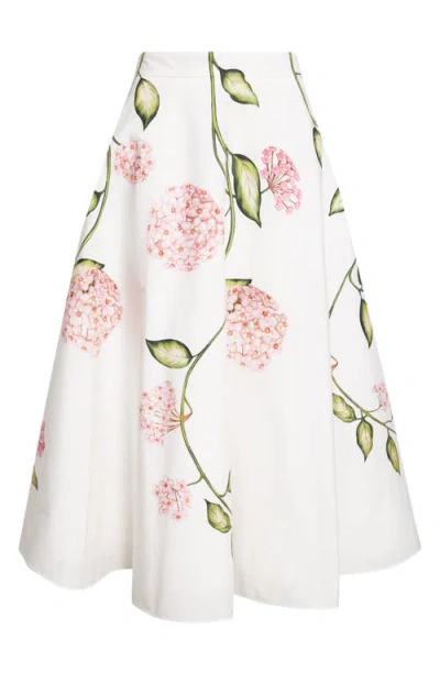 Oscar De La Renta Porcelain Flowers Stretch Cotton Poplin A-line Midi Skirt In White