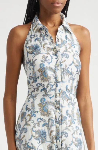 Veronica Beard Mackey Paisley Halter Neck Sleeveless Ramie Shirtdress In Gray