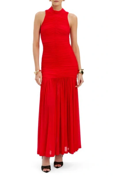 Bardot Orlana Sleeveless Racerneck Dropped Waist Ruched Mesh Maxi Dress In Red
