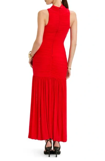 Bardot Orlana Sleeveless Racerneck Dropped Waist Ruched Mesh Maxi Dress In Red
