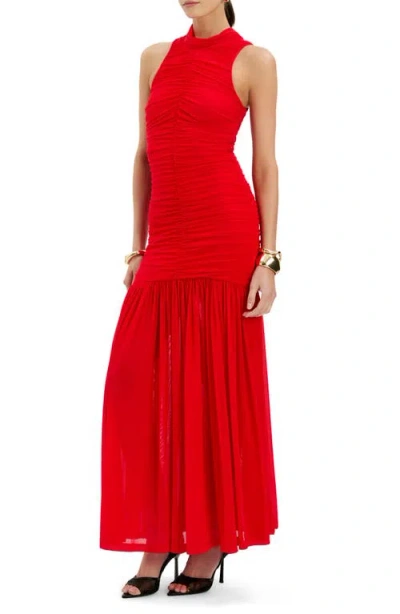 Bardot Orlana Sleeveless Racerneck Dropped Waist Ruched Mesh Maxi Dress In Red
