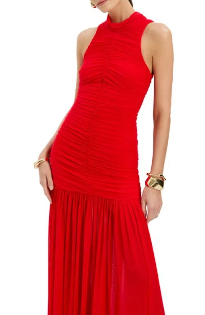 Bardot Orlana Sleeveless Racerneck Dropped Waist Ruched Mesh Maxi Dress In Red