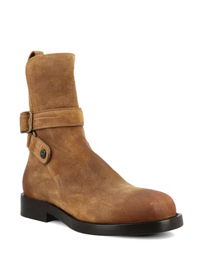 Burberry Suede Ankle Boots Block Heel Pull Tab In Brown