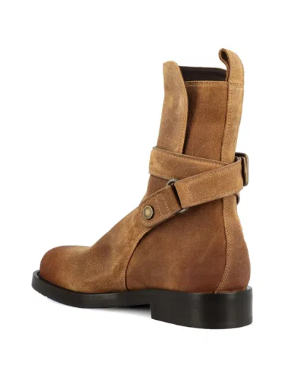 Burberry Suede Ankle Boots Block Heel Pull Tab In Brown
