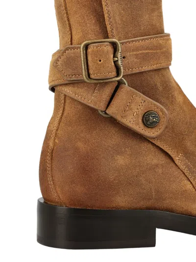 Burberry Suede Ankle Boots Block Heel Pull Tab In Brown