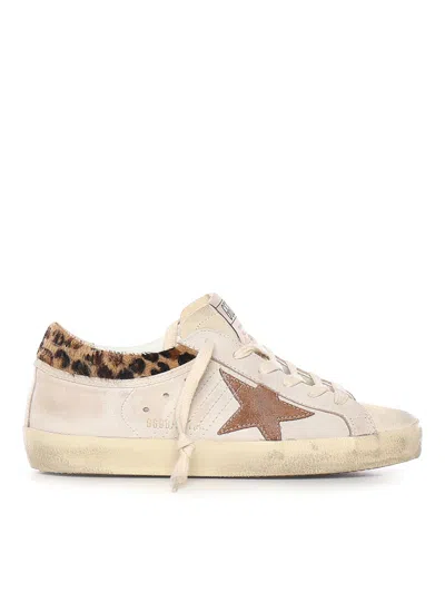 Golden Goose Super-star Sneakers In Suede With Worn Effect And Leopard Print Hairy Cow In White